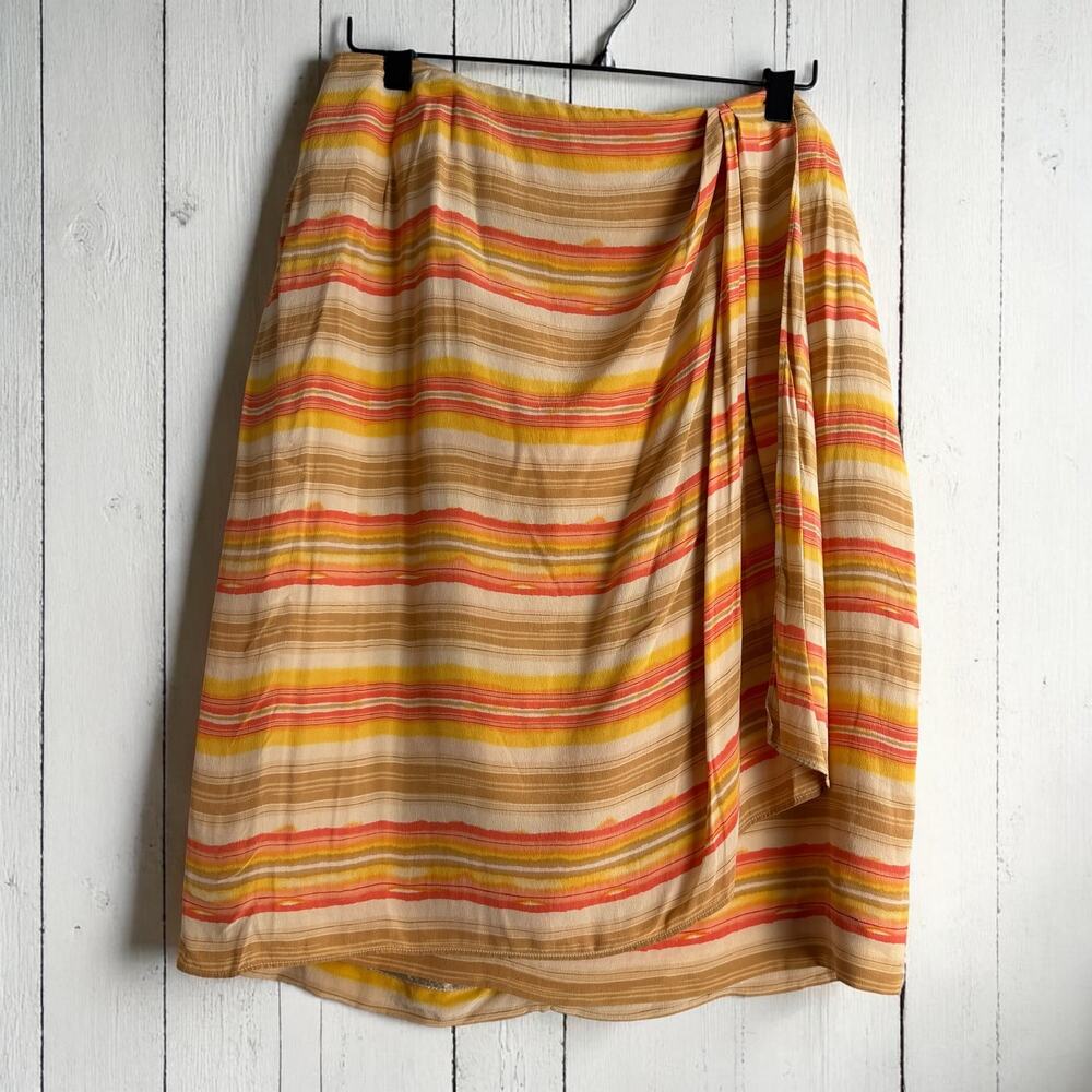 Liz Claiborne Silk Wrap Skirt Size 10 Striped Orange Yellow Retro